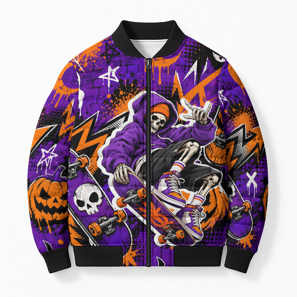 Halloween Skeleton Skateboarder Bomber Puffer Jacket Graffiti Ghost Pumpkin Streetwear Graphic