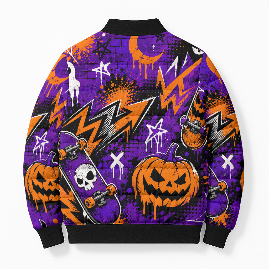 Halloween Skeleton Skateboarder Bomber Puffer Jacket Graffiti Ghost Pumpkin Streetwear Graphic