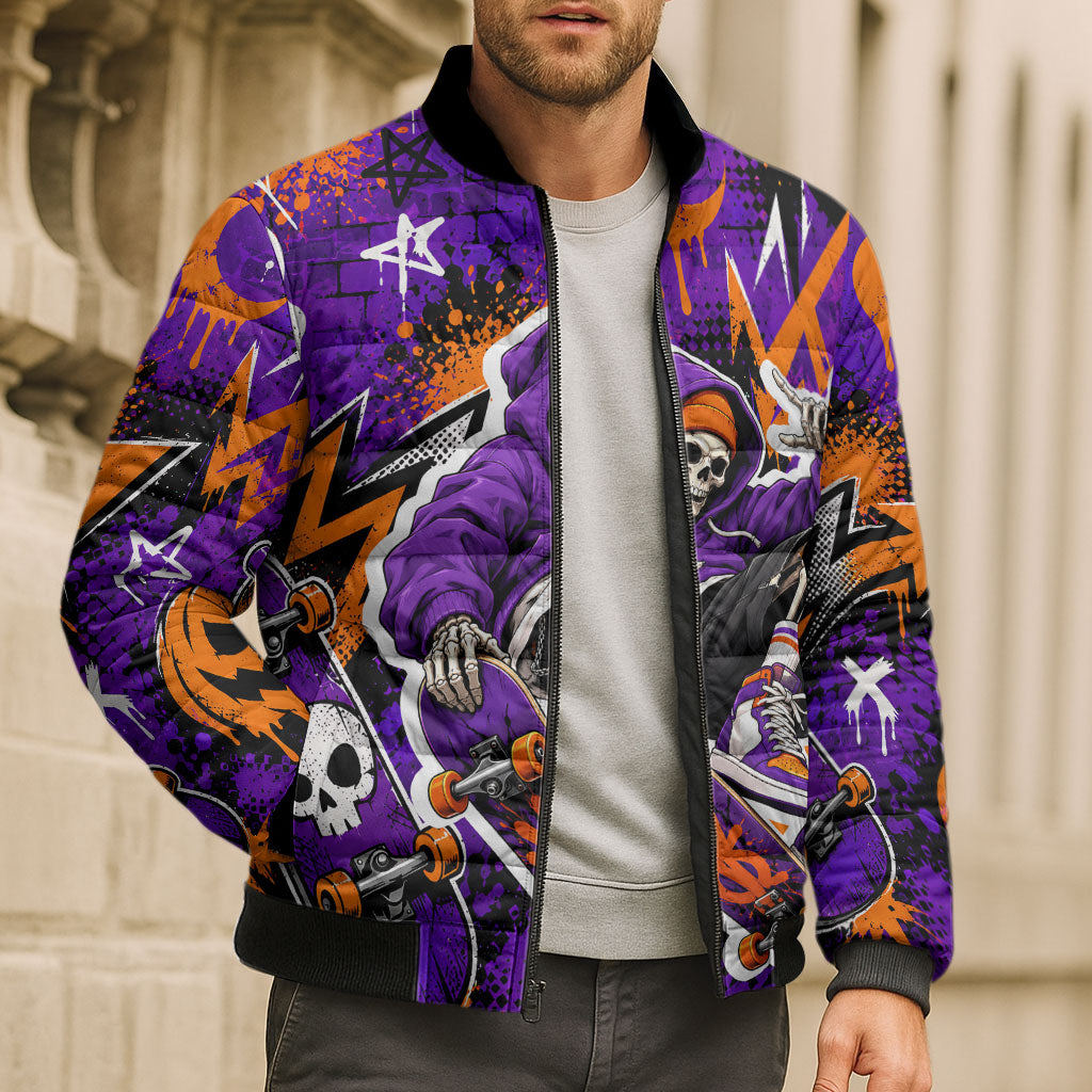 Halloween Skeleton Skateboarder Bomber Puffer Jacket Graffiti Ghost Pumpkin Streetwear Graphic