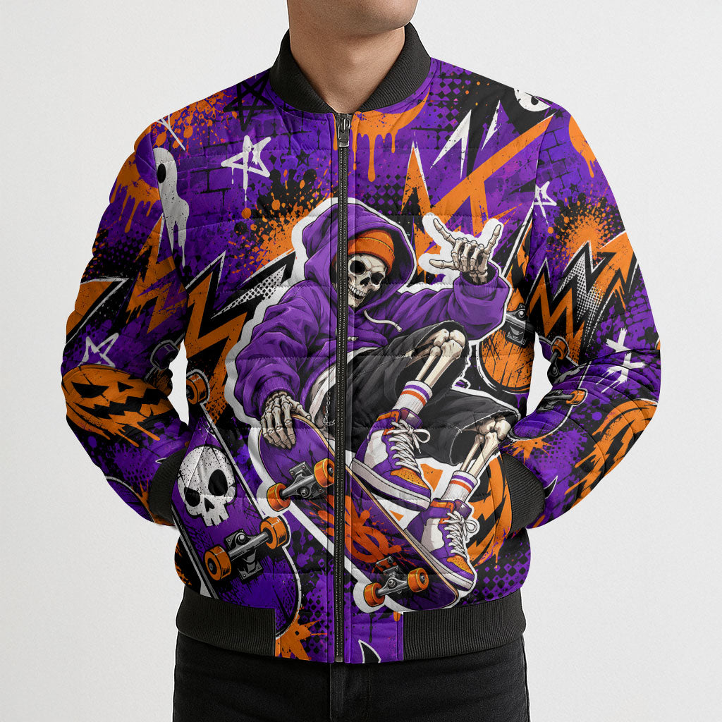 Halloween Skeleton Skateboarder Bomber Puffer Jacket Graffiti Ghost Pumpkin Streetwear Graphic