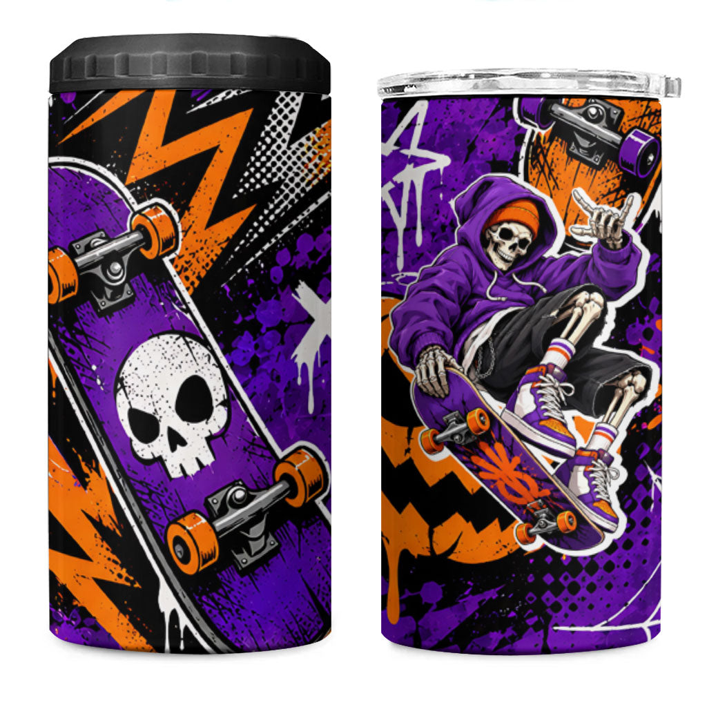 Halloween Skeleton Skateboarder 4 in 1 Can Cooler Tumbler Graffiti Ghost Pumpkin Streetwear Graphic