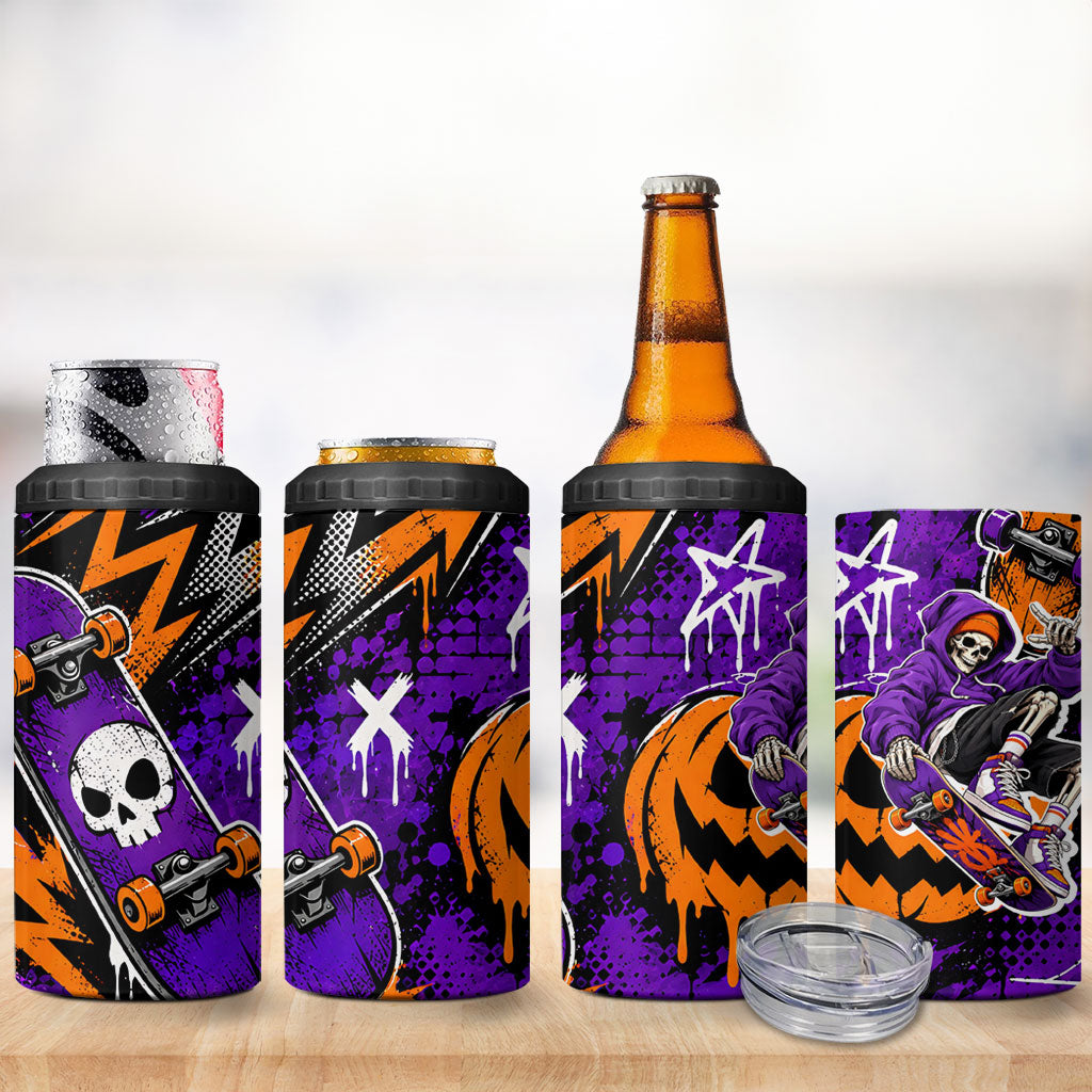 Halloween Skeleton Skateboarder 4 in 1 Can Cooler Tumbler Graffiti Ghost Pumpkin Streetwear Graphic