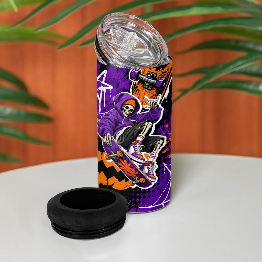 Halloween Skeleton Skateboarder 4 in 1 Can Cooler Tumbler Graffiti Ghost Pumpkin Streetwear Graphic