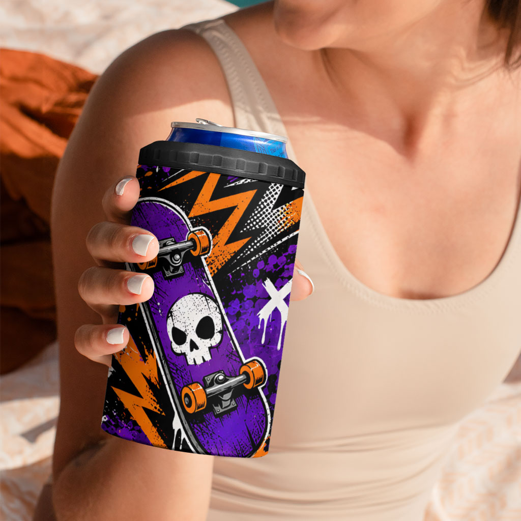 Halloween Skeleton Skateboarder 4 in 1 Can Cooler Tumbler Graffiti Ghost Pumpkin Streetwear Graphic