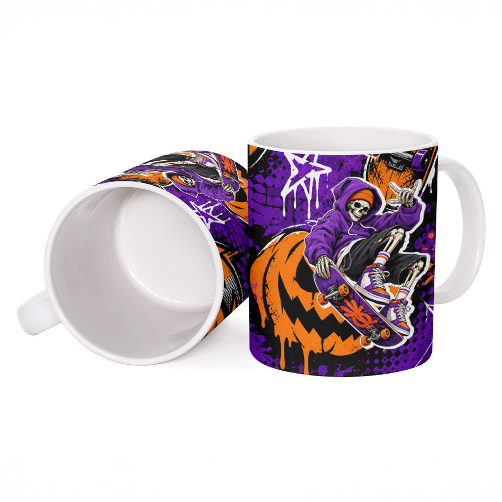 Halloween Skeleton Skateboarder Ceramic Mug Graffiti Ghost Pumpkin Streetwear Graphic