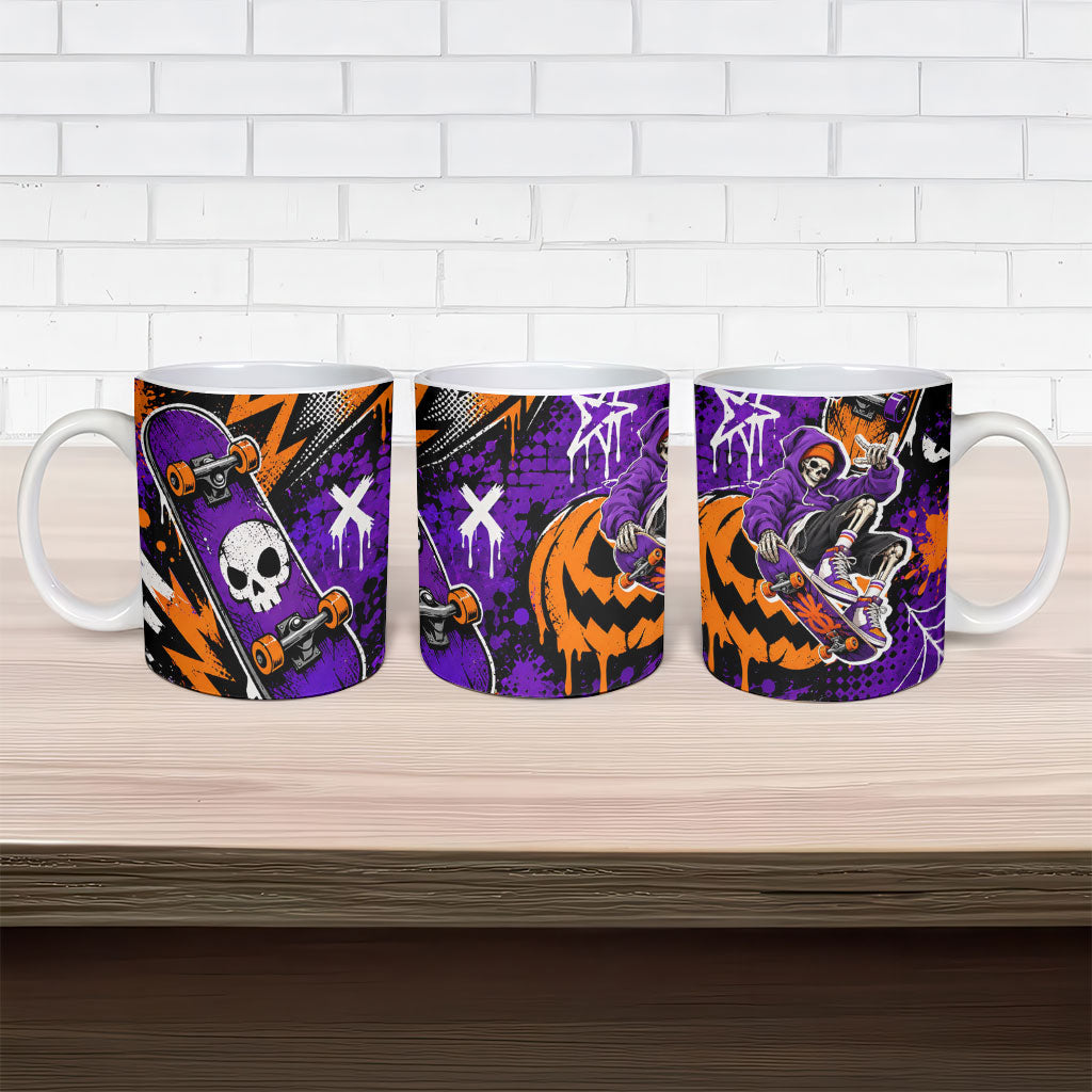 Halloween Skeleton Skateboarder Ceramic Mug Graffiti Ghost Pumpkin Streetwear Graphic