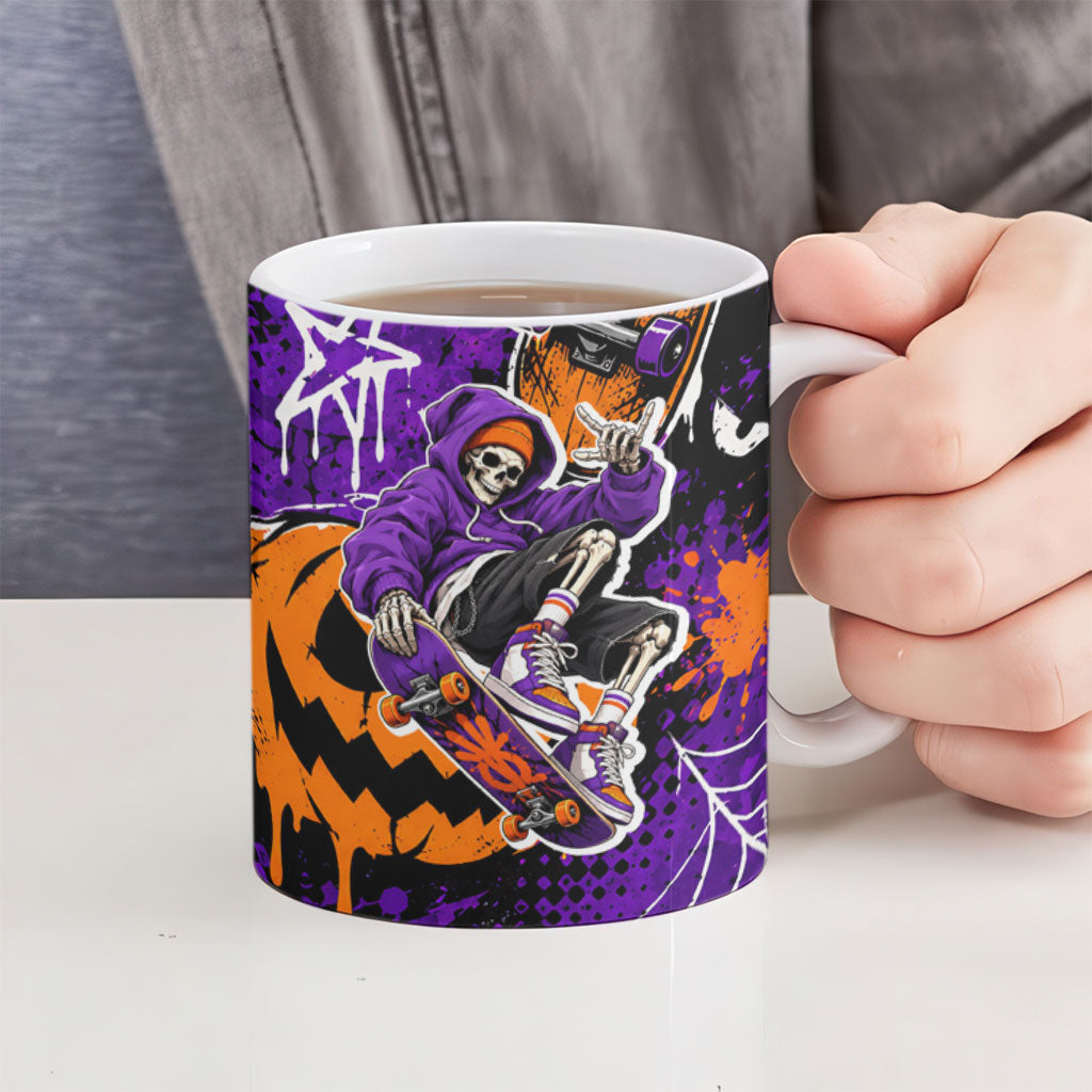 Halloween Skeleton Skateboarder Ceramic Mug Graffiti Ghost Pumpkin Streetwear Graphic