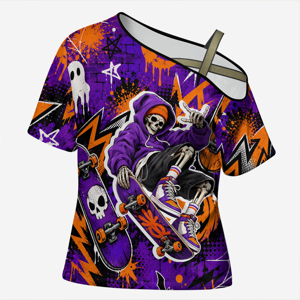 Halloween Skeleton Skateboarder Cross Shoulder Shirt Graffiti Ghost Pumpkin Streetwear Graphic