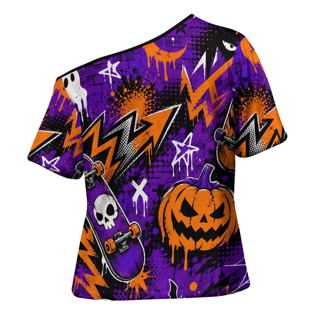 Halloween Skeleton Skateboarder Cross Shoulder Shirt Graffiti Ghost Pumpkin Streetwear Graphic