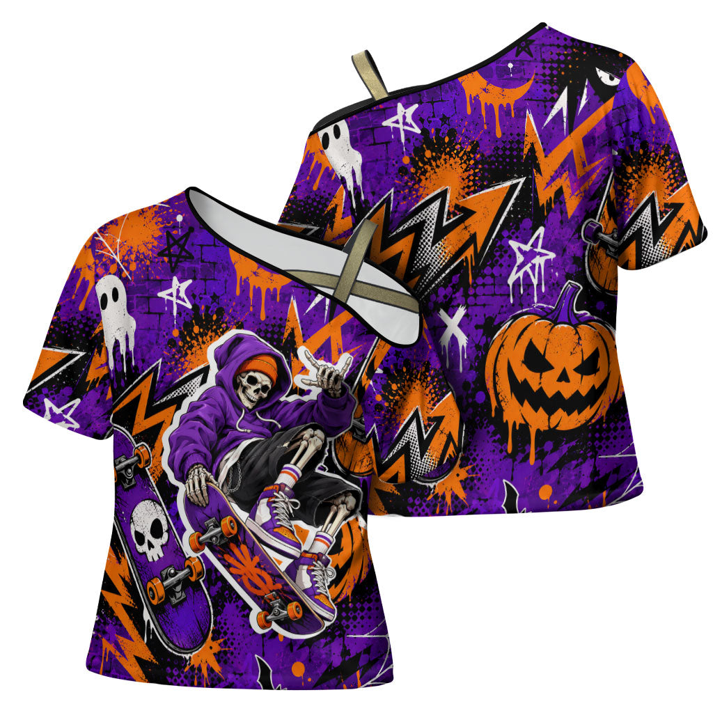 Halloween Skeleton Skateboarder Cross Shoulder Shirt Graffiti Ghost Pumpkin Streetwear Graphic