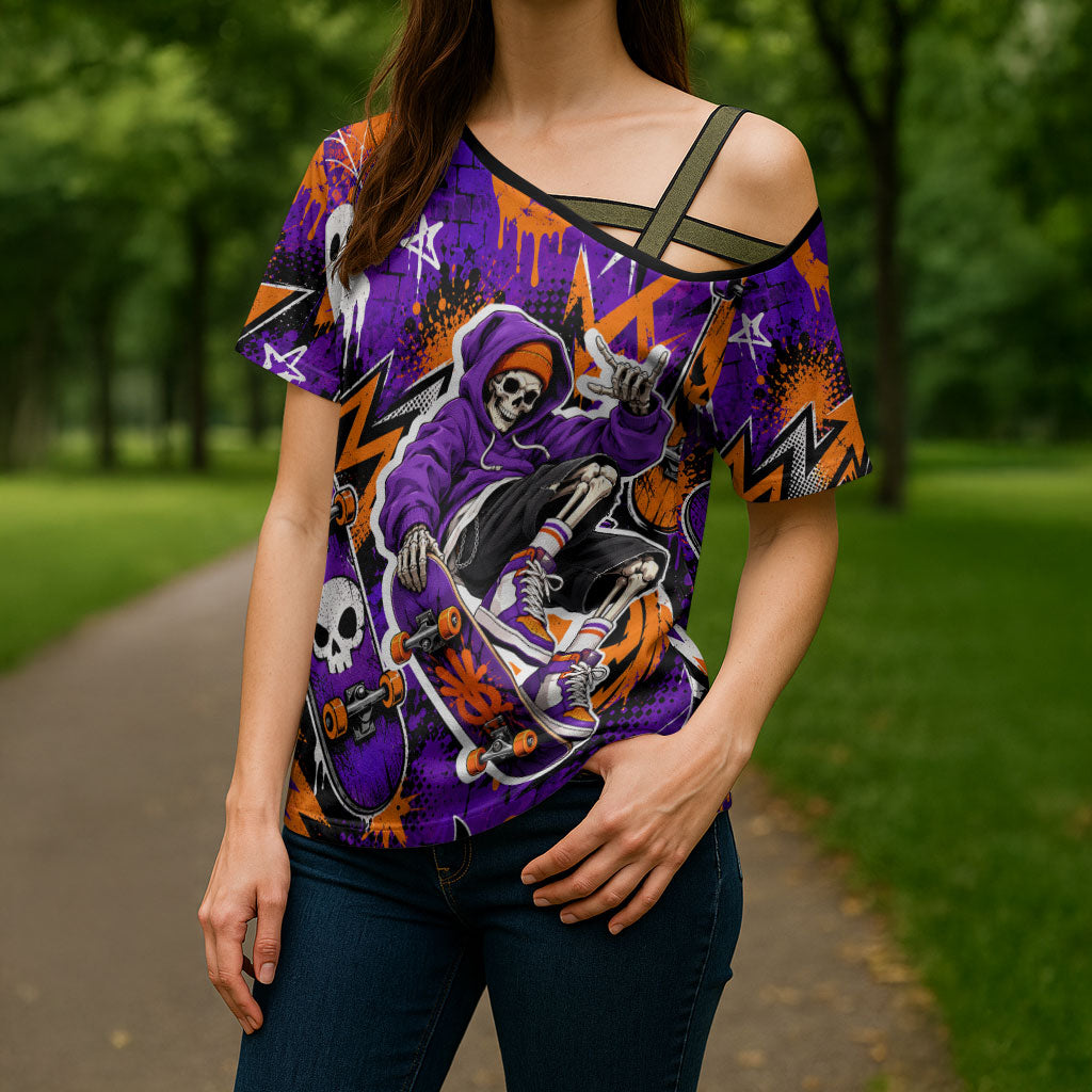 Halloween Skeleton Skateboarder Cross Shoulder Shirt Graffiti Ghost Pumpkin Streetwear Graphic
