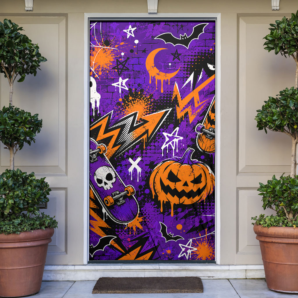 Halloween Skeleton Skateboarder Door Cover Graffiti Ghost Pumpkin Streetwear Graphic