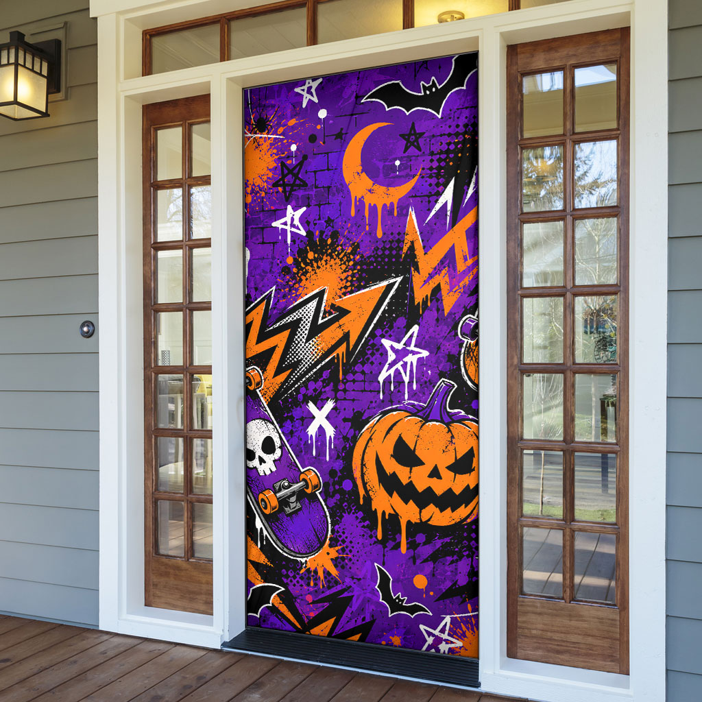 Halloween Skeleton Skateboarder Door Cover Graffiti Ghost Pumpkin Streetwear Graphic