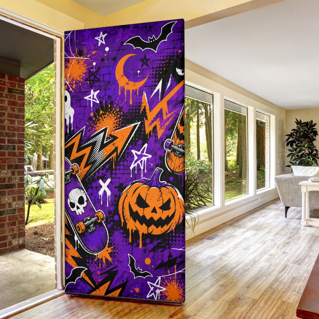 Halloween Skeleton Skateboarder Door Cover Graffiti Ghost Pumpkin Streetwear Graphic