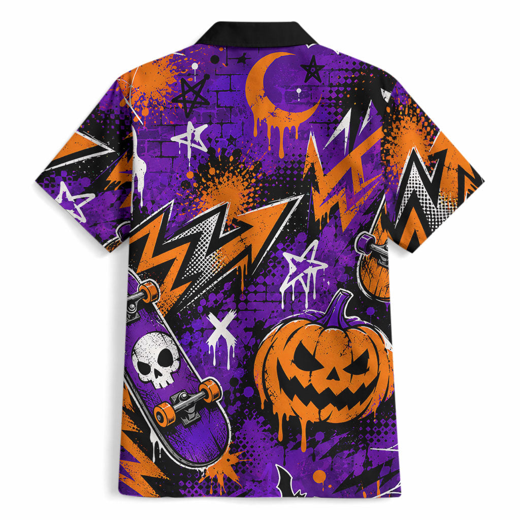 Halloween Skeleton Skateboarder Hawaiian Shirt Graffiti Ghost Pumpkin Streetwear Graphic