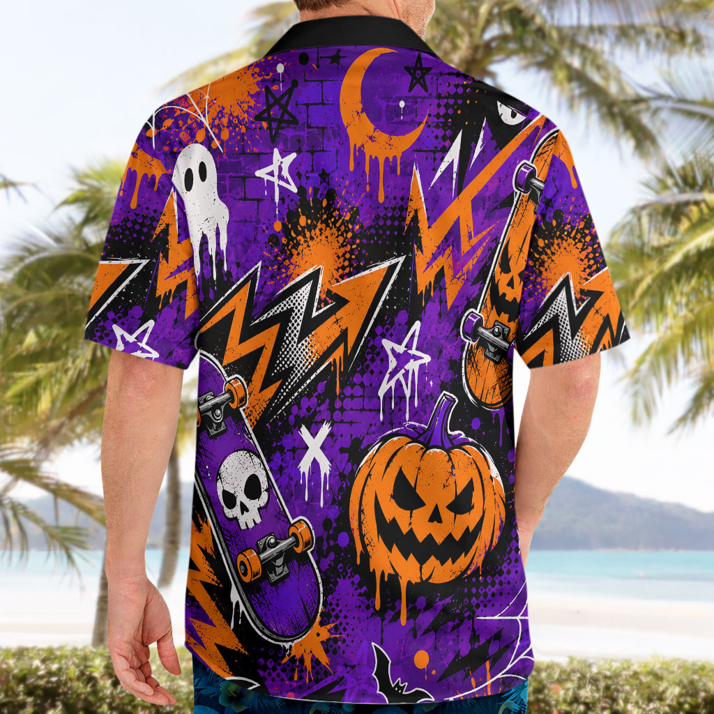 Halloween Skeleton Skateboarder Hawaiian Shirt Graffiti Ghost Pumpkin Streetwear Graphic