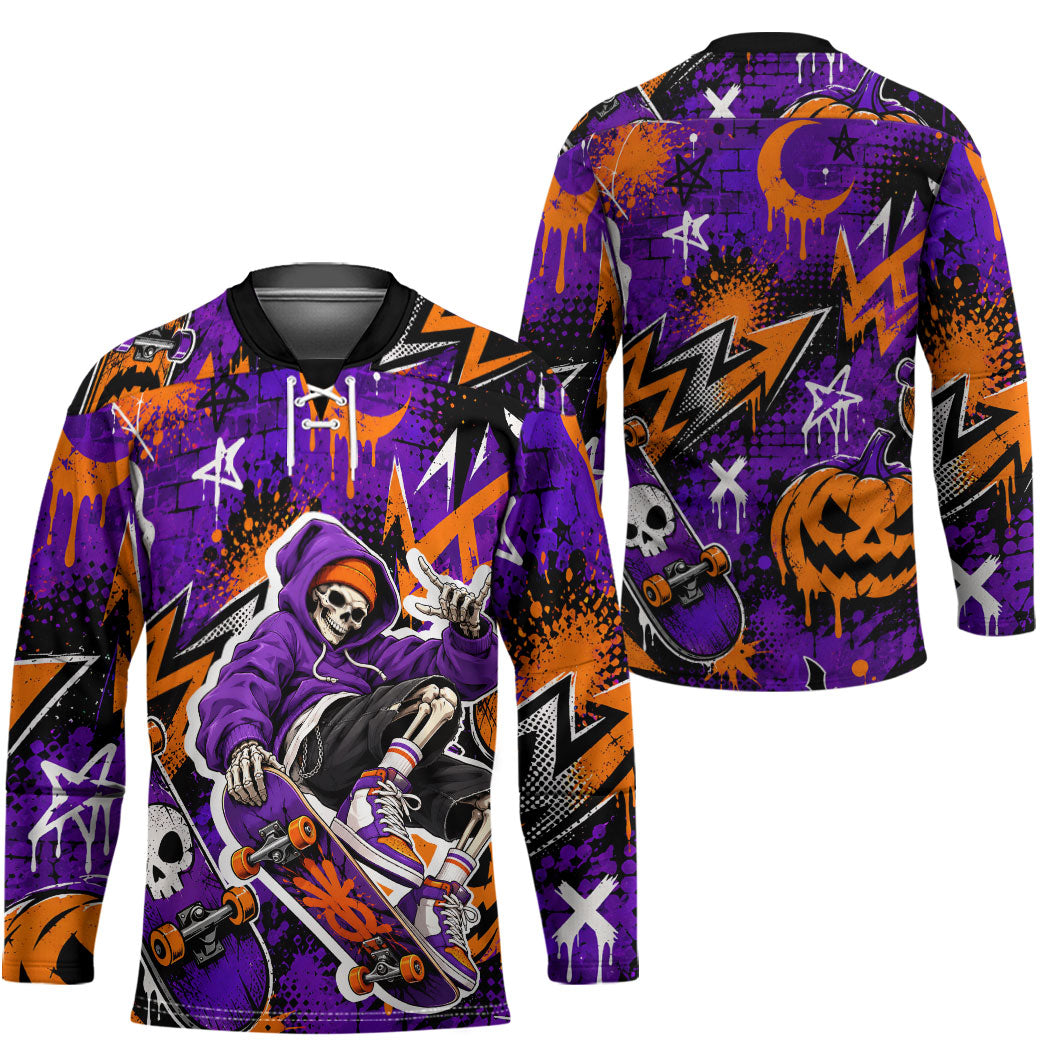 Halloween Skeleton Skateboarder Hockey Jersey Graffiti Ghost Pumpkin Streetwear Graphic