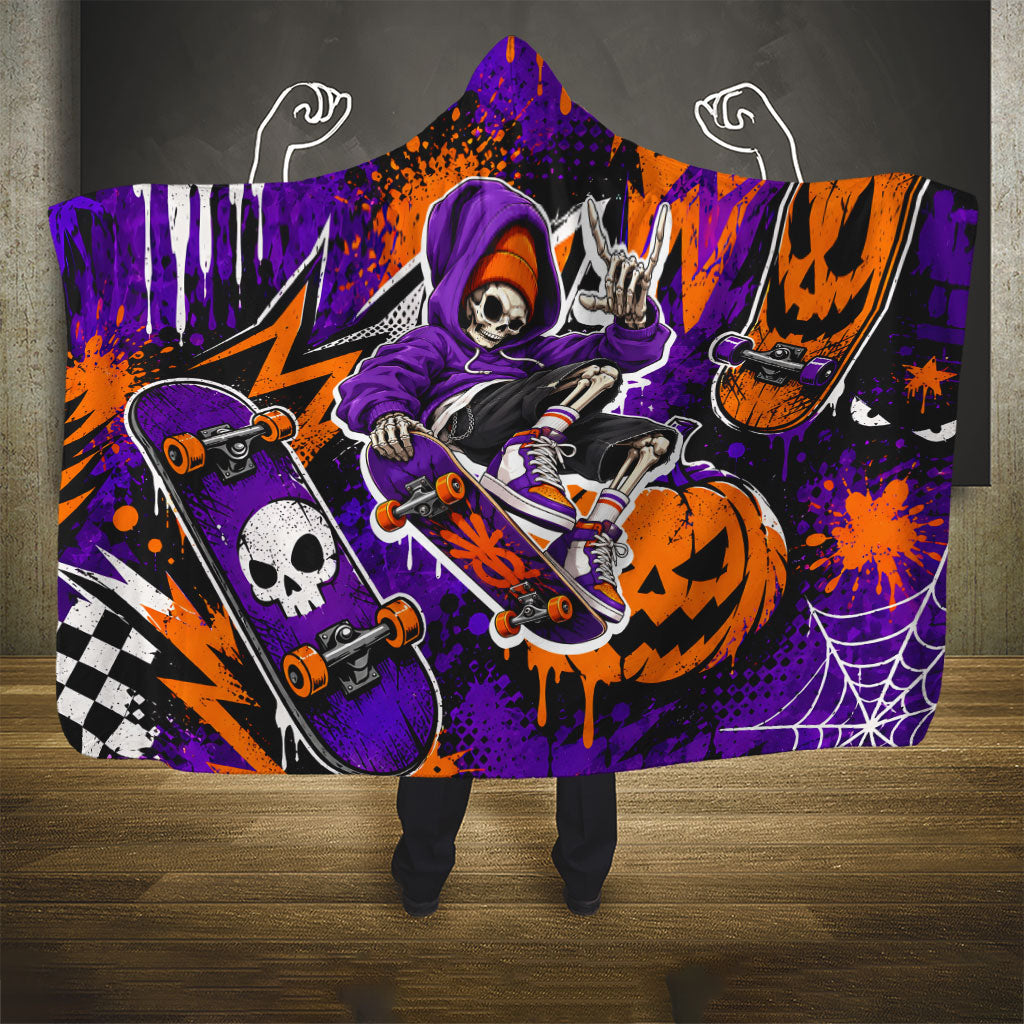 Halloween Skeleton Skateboarder Hooded Blanket Graffiti Ghost Pumpkin Streetwear Graphic