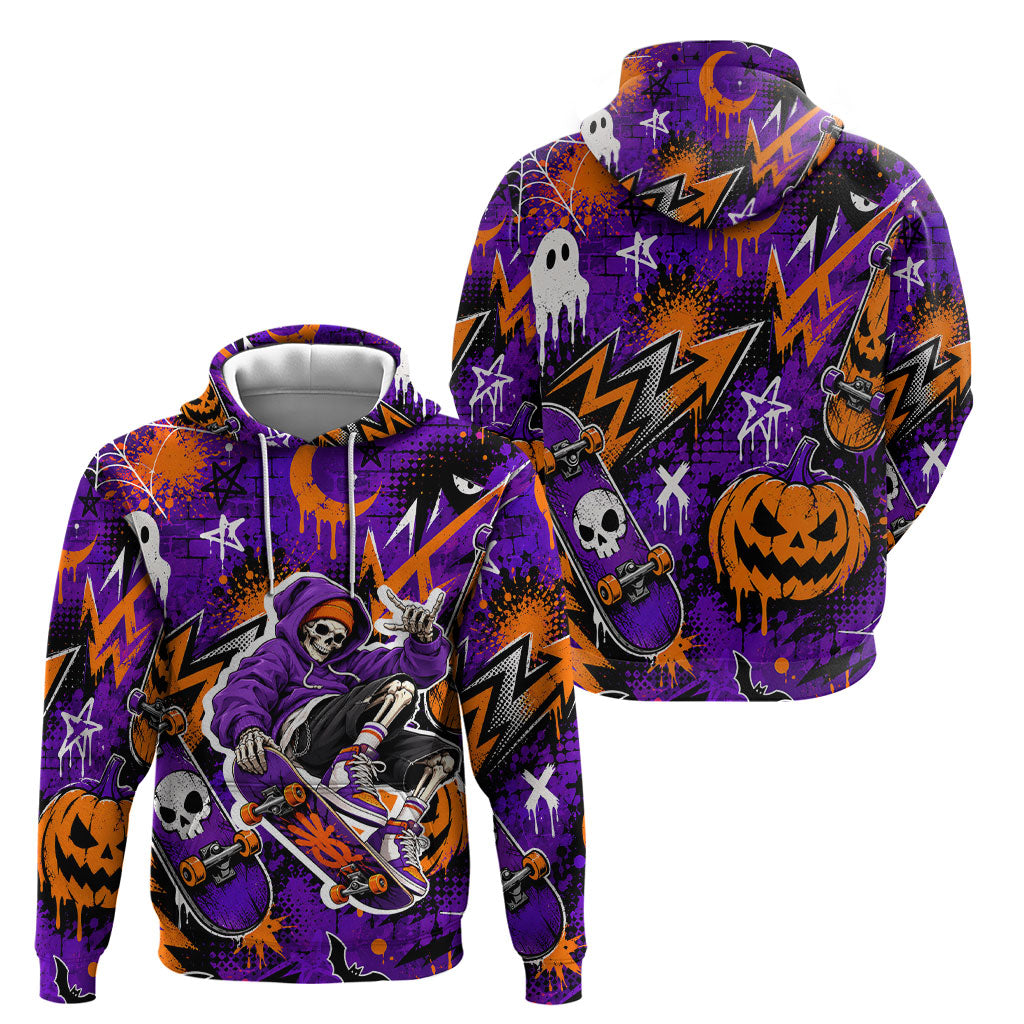 Halloween Skeleton Skateboarder Hoodie Graffiti Ghost Pumpkin Streetwear Graphic