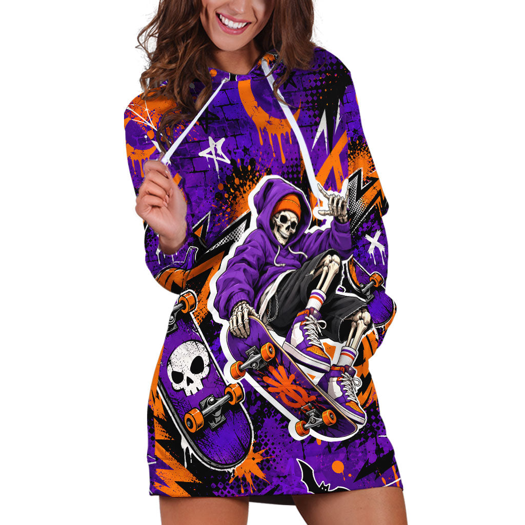 Halloween Skeleton Skateboarder Hoodie Dress Graffiti Ghost Pumpkin Streetwear Graphic