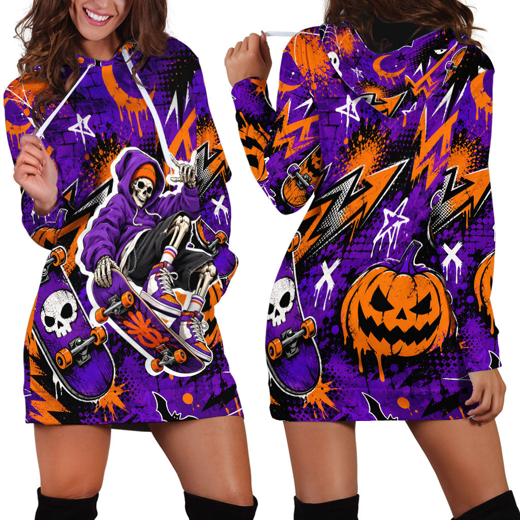 Halloween Skeleton Skateboarder Hoodie Dress Graffiti Ghost Pumpkin Streetwear Graphic