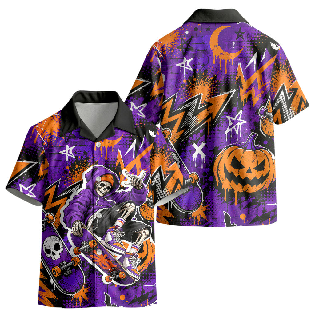 Halloween Skeleton Skateboarder Kid Hawaiian Shirt Graffiti Ghost Pumpkin Streetwear Graphic