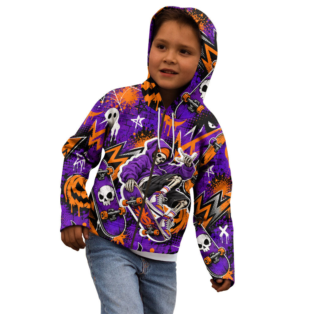 Halloween Skeleton Skateboarder Kid Hoodie Graffiti Ghost Pumpkin Streetwear Graphic