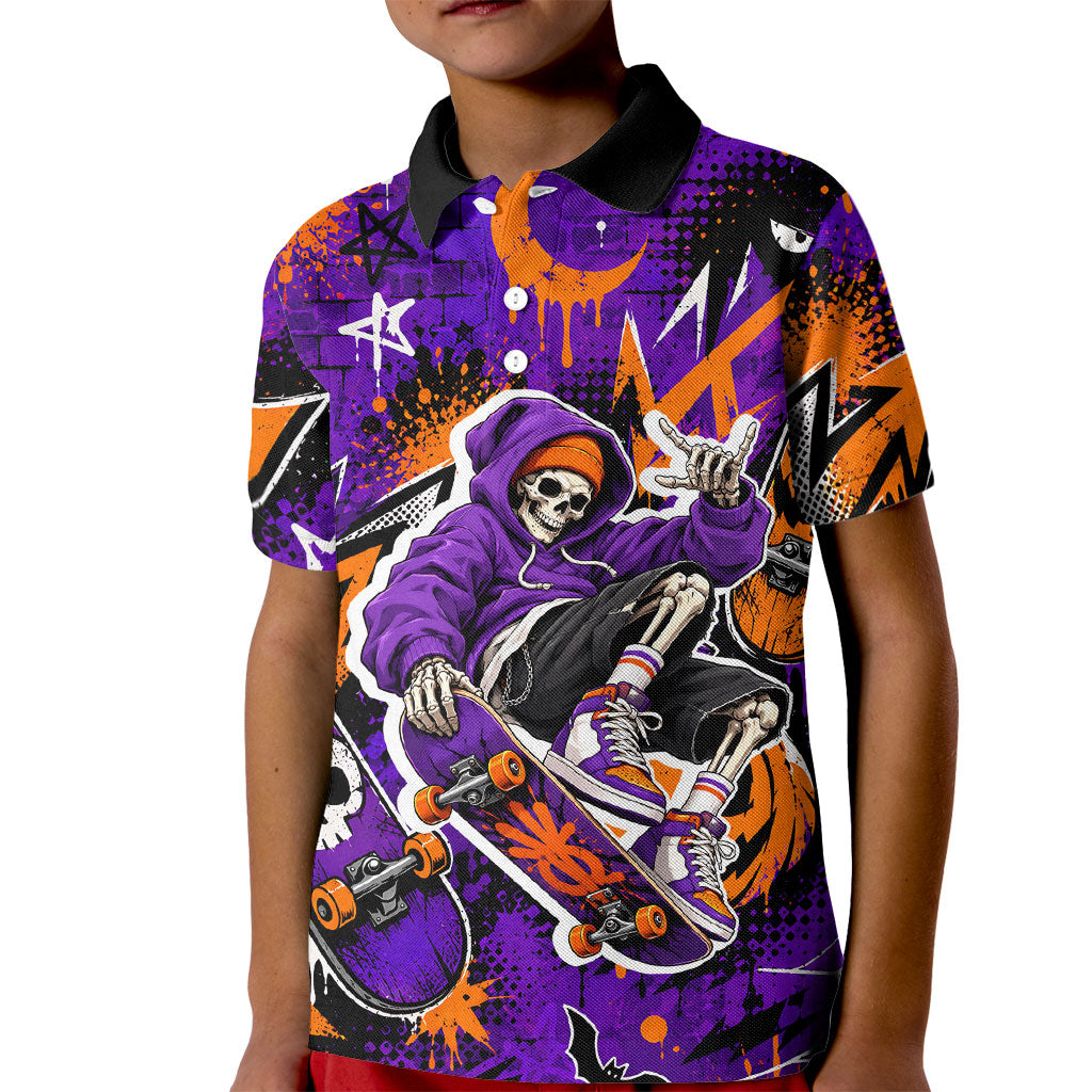Halloween Skeleton Skateboarder Kid Polo Shirt Graffiti Ghost Pumpkin Streetwear Graphic