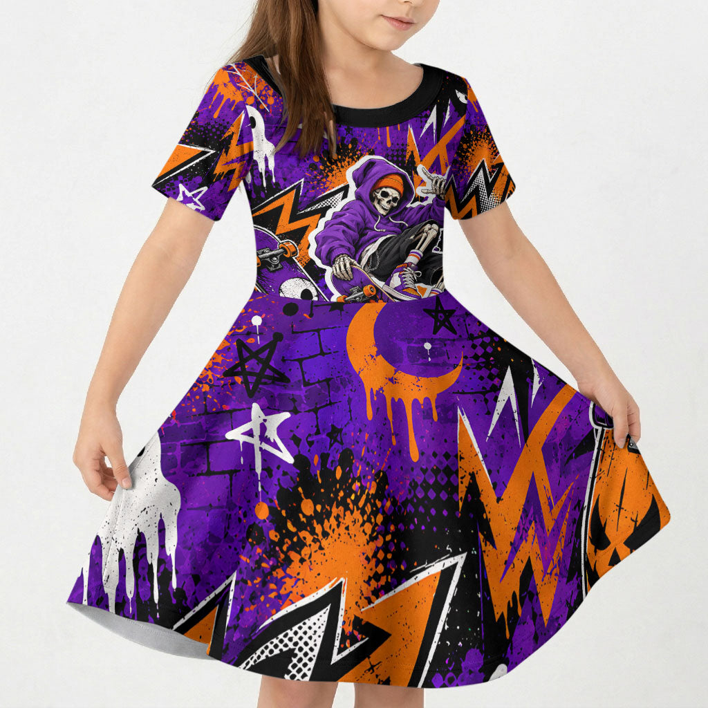 Halloween Skeleton Skateboarder Kid Short Sleeve Dress Graffiti Ghost Pumpkin Streetwear Graphic