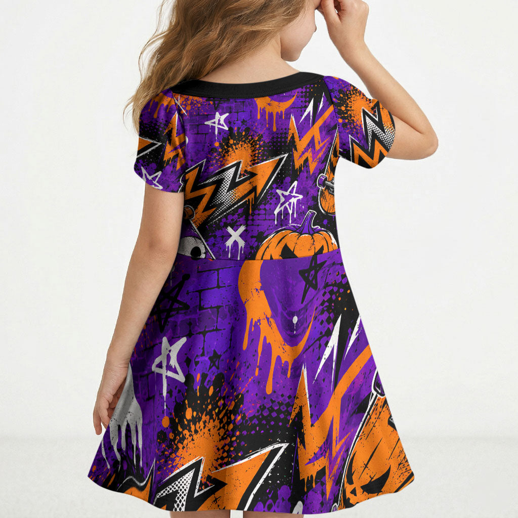 Halloween Skeleton Skateboarder Kid Short Sleeve Dress Graffiti Ghost Pumpkin Streetwear Graphic