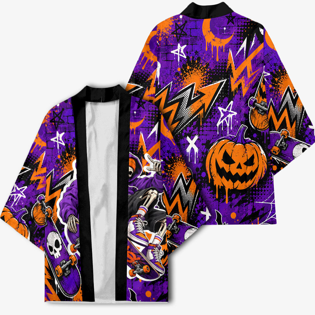 Halloween Skeleton Skateboarder Kimono Graffiti Ghost Pumpkin Streetwear Graphic