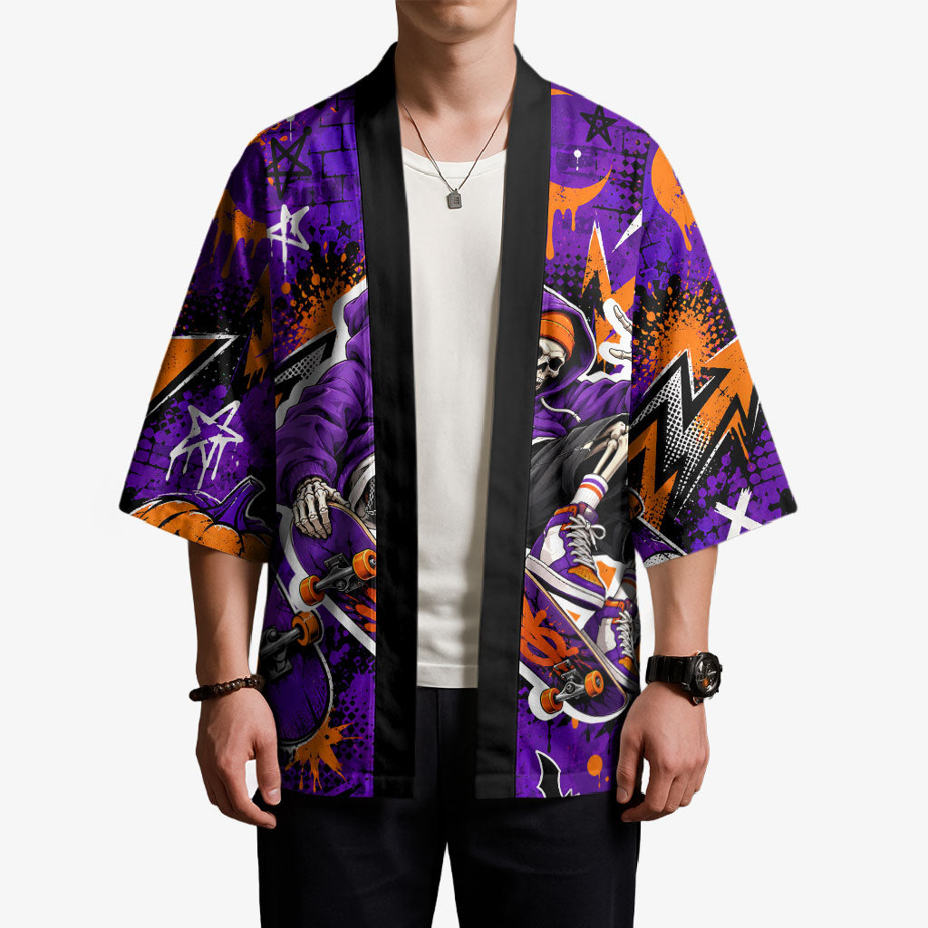 Halloween Skeleton Skateboarder Kimono Graffiti Ghost Pumpkin Streetwear Graphic