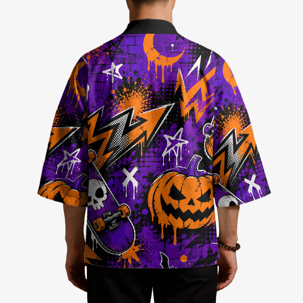 Halloween Skeleton Skateboarder Kimono Graffiti Ghost Pumpkin Streetwear Graphic