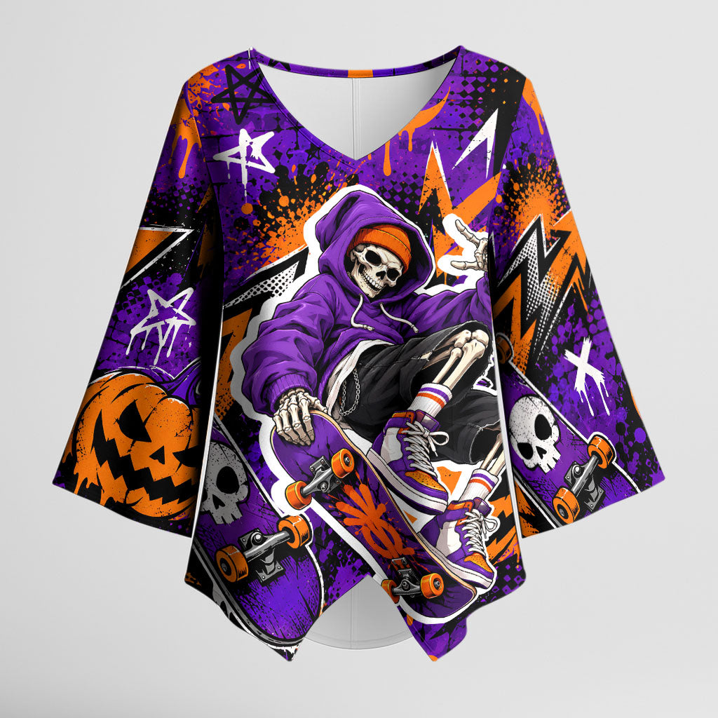 Halloween Skeleton Skateboarder Kimono Sleeve Blouse Graffiti Ghost Pumpkin Streetwear Graphic