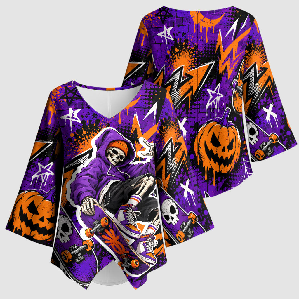 Halloween Skeleton Skateboarder Kimono Sleeve Blouse Graffiti Ghost Pumpkin Streetwear Graphic