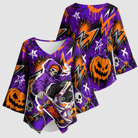 Halloween Skeleton Skateboarder Kimono Sleeve Blouse Graffiti Ghost Pumpkin Streetwear Graphic