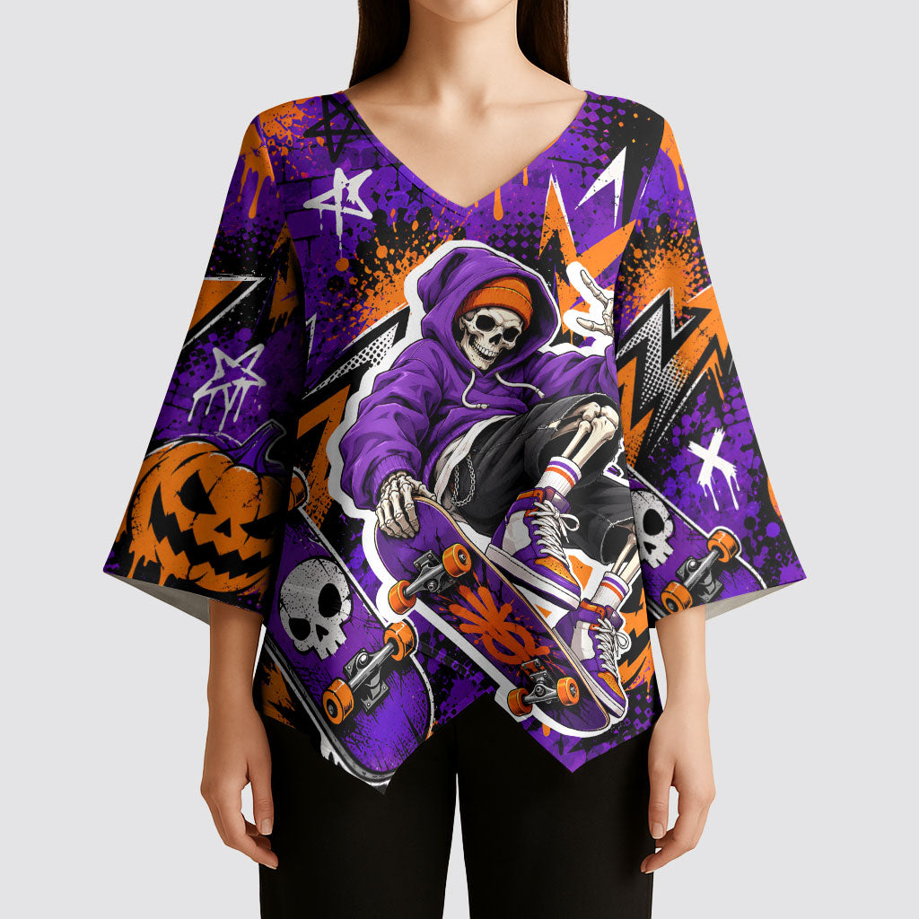Halloween Skeleton Skateboarder Kimono Sleeve Blouse Graffiti Ghost Pumpkin Streetwear Graphic