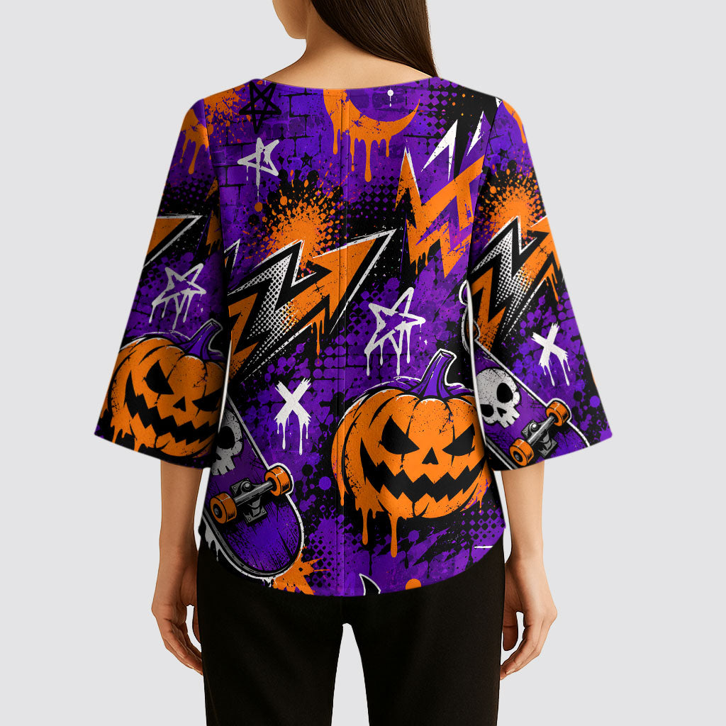 Halloween Skeleton Skateboarder Kimono Sleeve Blouse Graffiti Ghost Pumpkin Streetwear Graphic