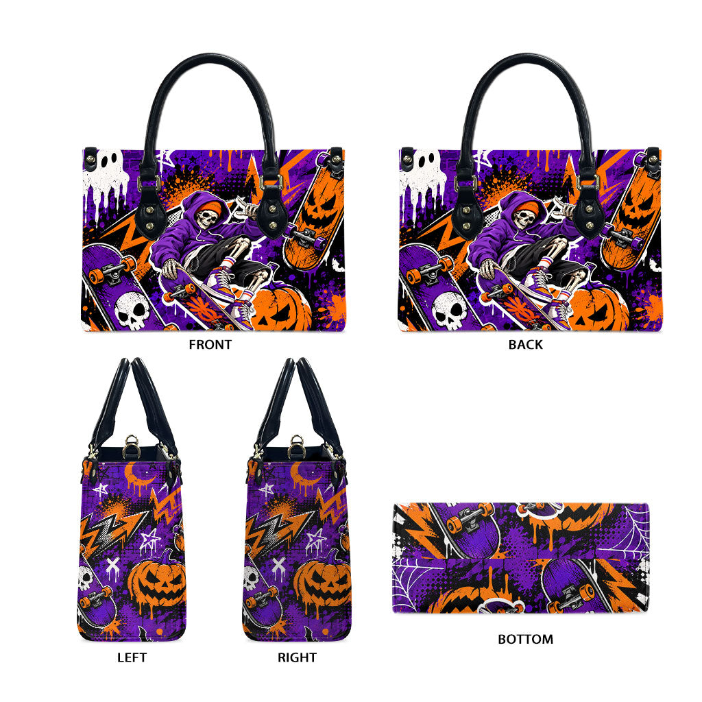 Halloween Skeleton Skateboarder Leather Bag Graffiti Ghost Pumpkin Streetwear Graphic