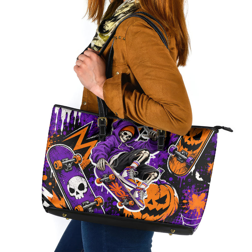 Halloween Skeleton Skateboarder Leather Tote Bag Graffiti Ghost Pumpkin Streetwear Graphic