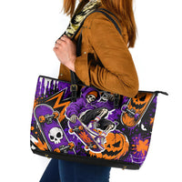 Halloween Skeleton Skateboarder Leather Tote Bag Graffiti Ghost Pumpkin Streetwear Graphic