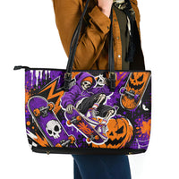 Halloween Skeleton Skateboarder Leather Tote Bag Graffiti Ghost Pumpkin Streetwear Graphic