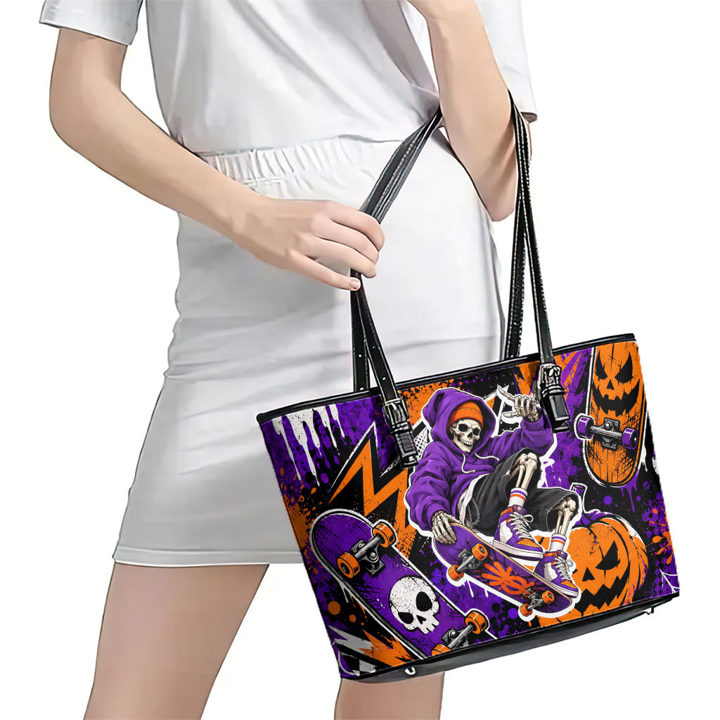 Halloween Skeleton Skateboarder Leather Tote Bag Graffiti Ghost Pumpkin Streetwear Graphic