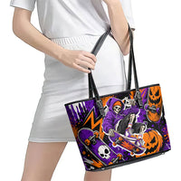 Halloween Skeleton Skateboarder Leather Tote Bag Graffiti Ghost Pumpkin Streetwear Graphic