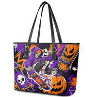 Halloween Skeleton Skateboarder Leather Tote Bag Graffiti Ghost Pumpkin Streetwear Graphic