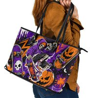 Halloween Skeleton Skateboarder Leather Tote Bag Graffiti Ghost Pumpkin Streetwear Graphic