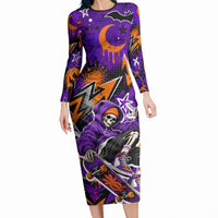 Halloween Skeleton Skateboarder Long Sleeve Bodycon Dress Graffiti Ghost Pumpkin Streetwear Graphic