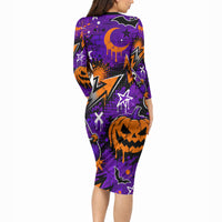Halloween Skeleton Skateboarder Long Sleeve Bodycon Dress Graffiti Ghost Pumpkin Streetwear Graphic