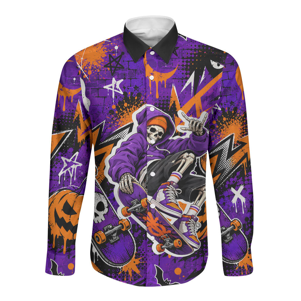 Halloween Skeleton Skateboarder Long Sleeve Button Shirt Graffiti Ghost Pumpkin Streetwear Graphic