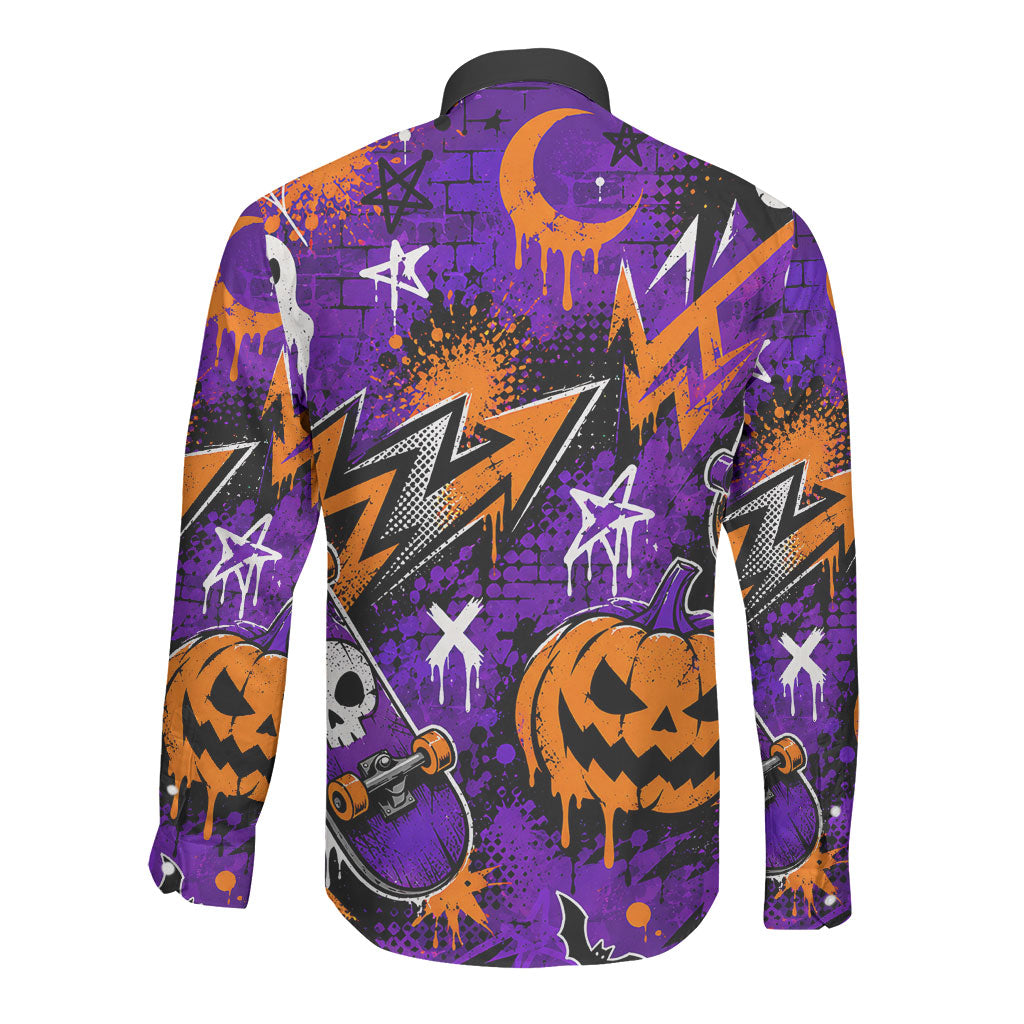 Halloween Skeleton Skateboarder Long Sleeve Button Shirt Graffiti Ghost Pumpkin Streetwear Graphic